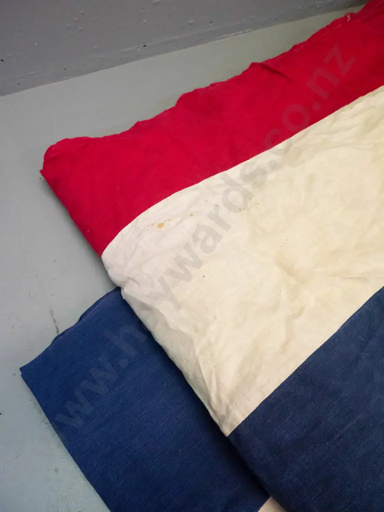 2 vintage red, white and blue fabric long lengths of bunting / banner - both approx. 18 metres long. Some wear, rust Image 1++