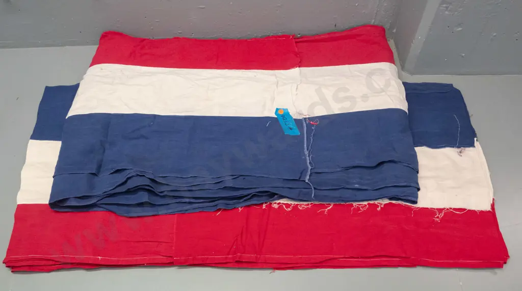 2 vintage red, white and blue fabric long lengths of bunting / banner - both approx. 18 metres long. Some wear, rust Image 1++