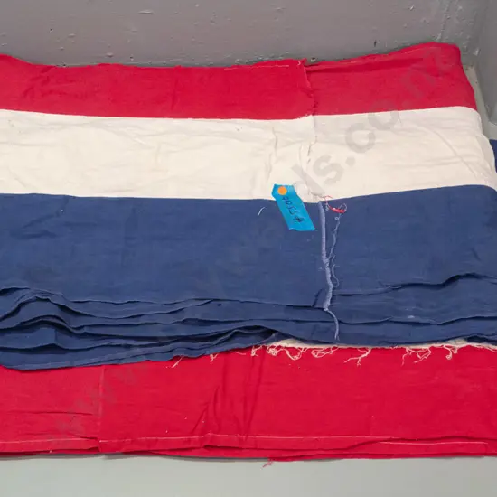 2 vintage red, white and blue fabric long lengths of bunting / banner - both approx. 18 metres long. Some wear, rust