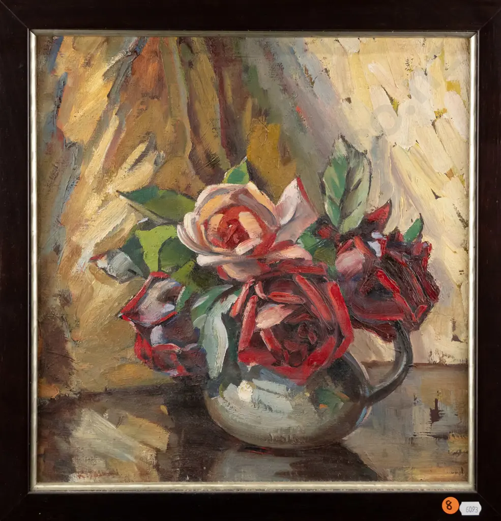illegible signature - framed oil on canvas - still life flowers H-370 W-360 Image 1++