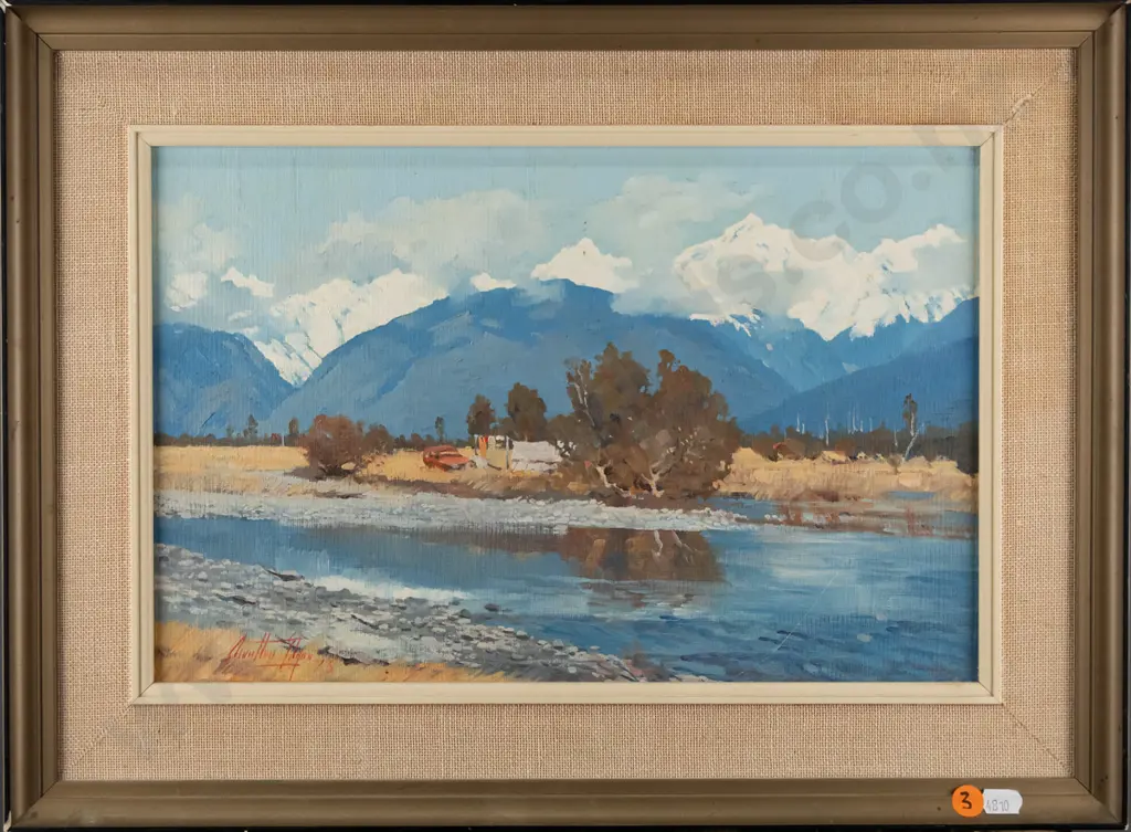 Charlton Edgar '73 - framed oil "To Mount Cook From Clearwater Ford, West Coast" H-240 W-360 (slight scratching) Image 1++