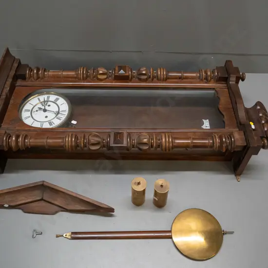 restorer's antique large timber cased striking wall clock. Porcelain face marked "GB" (Gustav Becker, Freiburg according