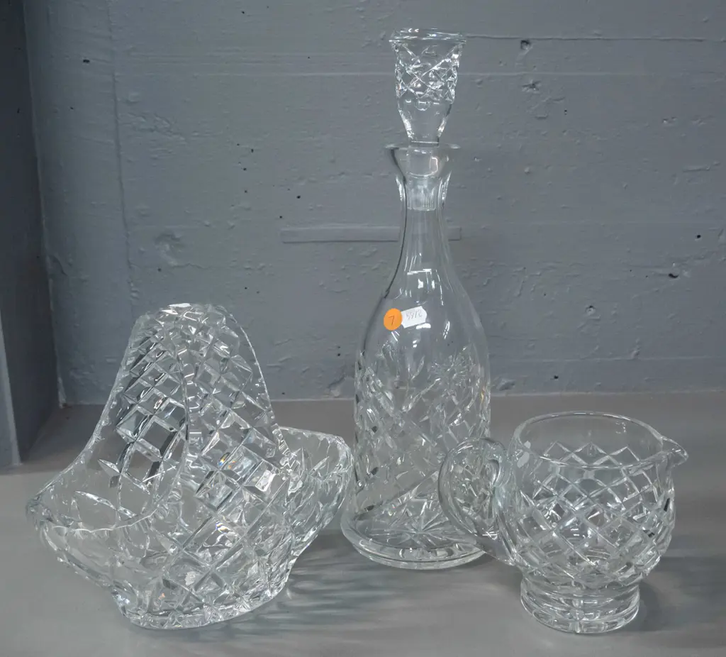 3 pieces of cut crystal, no maker's marks - stoppered decanter H-345 D-110, basket bowl and a jug Image 1++