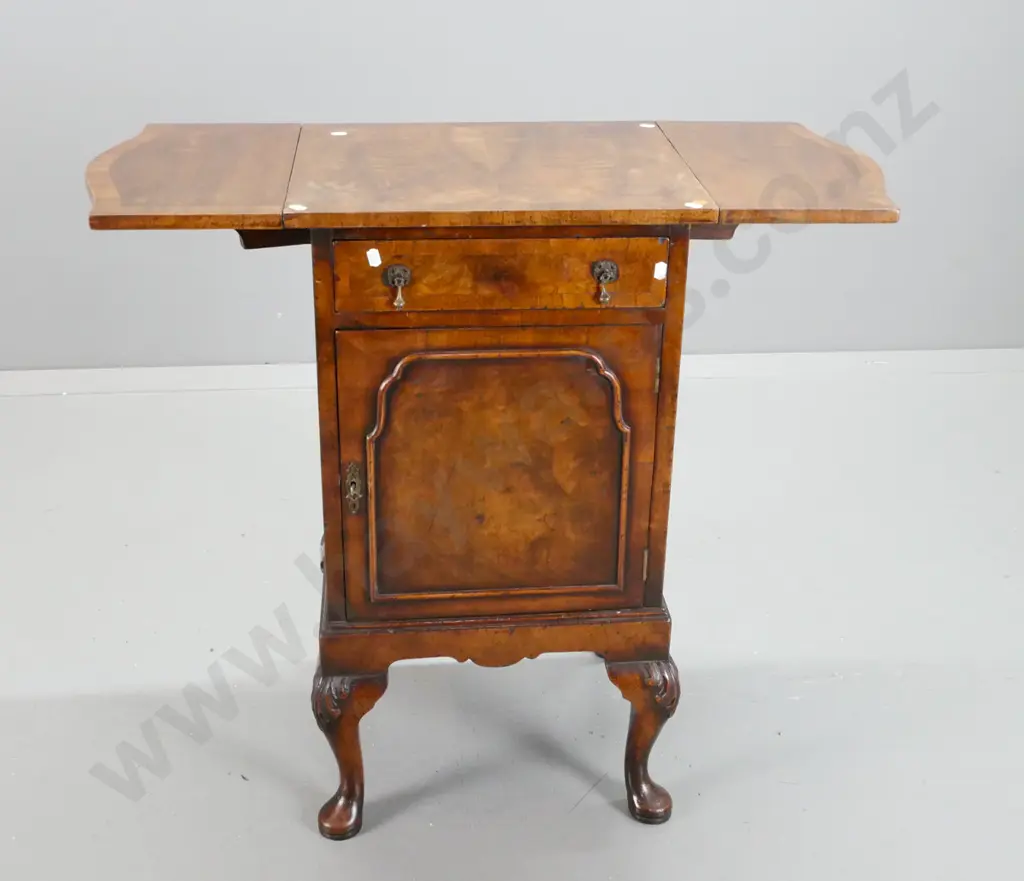 19th century walnut side / bedside cabinet with shaped drop side top, panelled cupboard door, metal drop handles, Image 1++