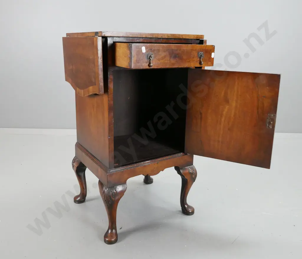 19th century walnut side / bedside cabinet with shaped drop side top, panelled cupboard door, metal drop handles, Image 1++