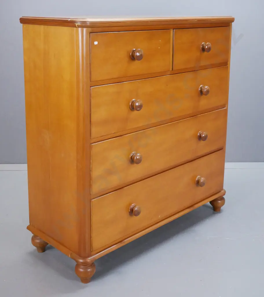 fully restored colonial kauri round-cornered 5-drawer chest with wooden knobs and turned feet. Some staining and white Image 1++