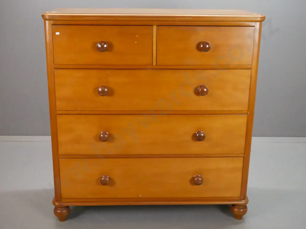 fully restored colonial kauri round-cornered 5-drawer chest with wooden knobs and turned feet. Some staining and white Image 1++