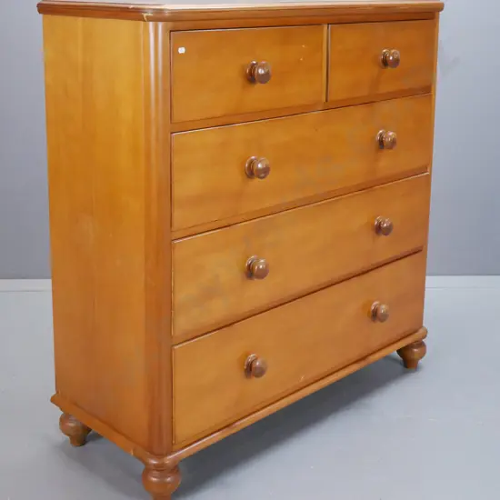 fully restored colonial kauri round-cornered 5-drawer chest with wooden knobs and turned feet. Some staining and white