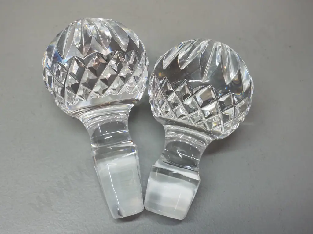 pair of cut crystal stoppered wide-base ship's decanters, one with Waterford mark H-260 D-180 - one stopper has small Image 1++