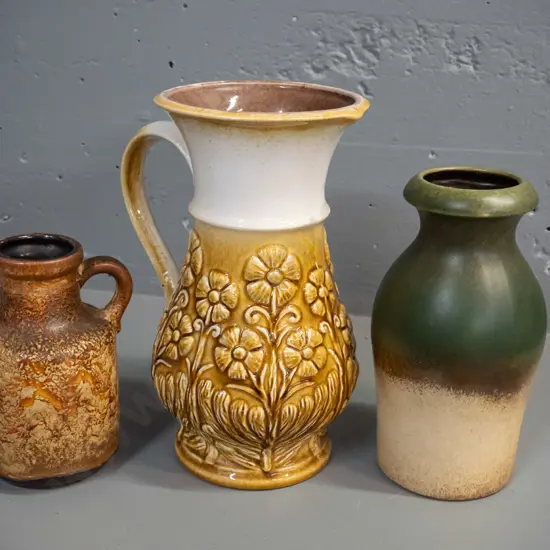 3 German pottery vases - raised floral motif jug H-260 and 2 others