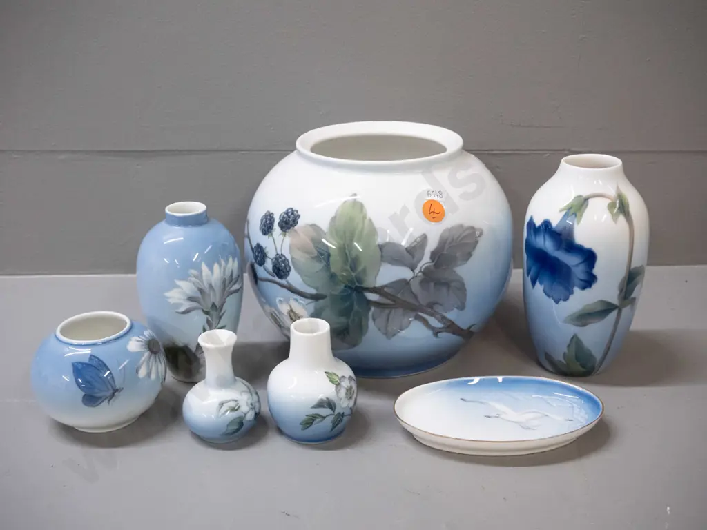 assorted Royal Copenhagen - large ball vase H150 D-180, 4 small vases, pin dish - all are floral except seagull pin dish Image 1++