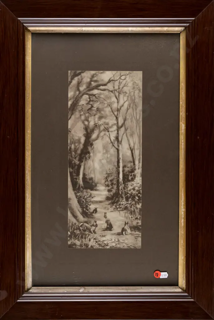 framed vintage print - rabbits H-355 W-145 Image 1++