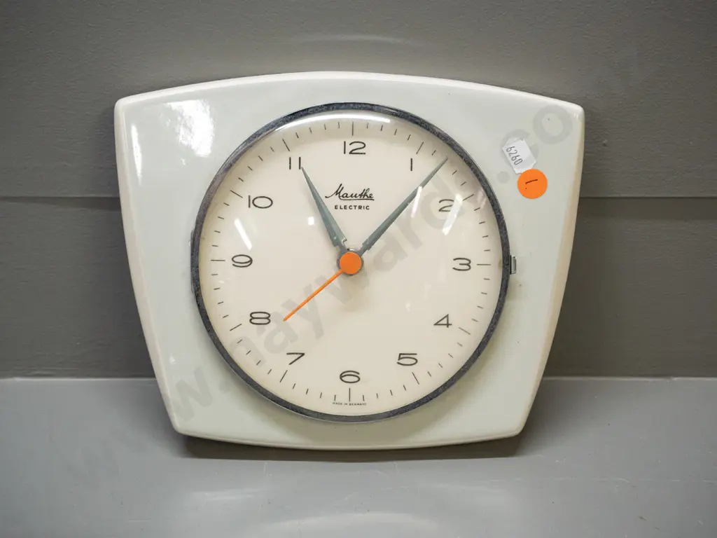 retro "Mauthe" German porcelain wall clock with added modern AA quartz movement H-180 W-220 Image 1++