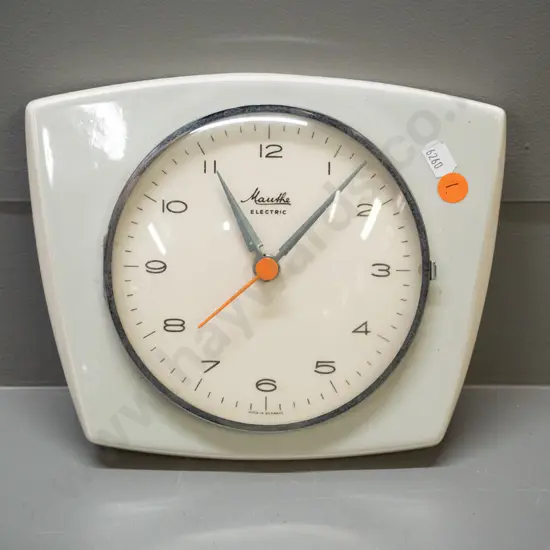 retro "Mauthe" German porcelain wall clock with added modern AA quartz movement H-180 W-220
