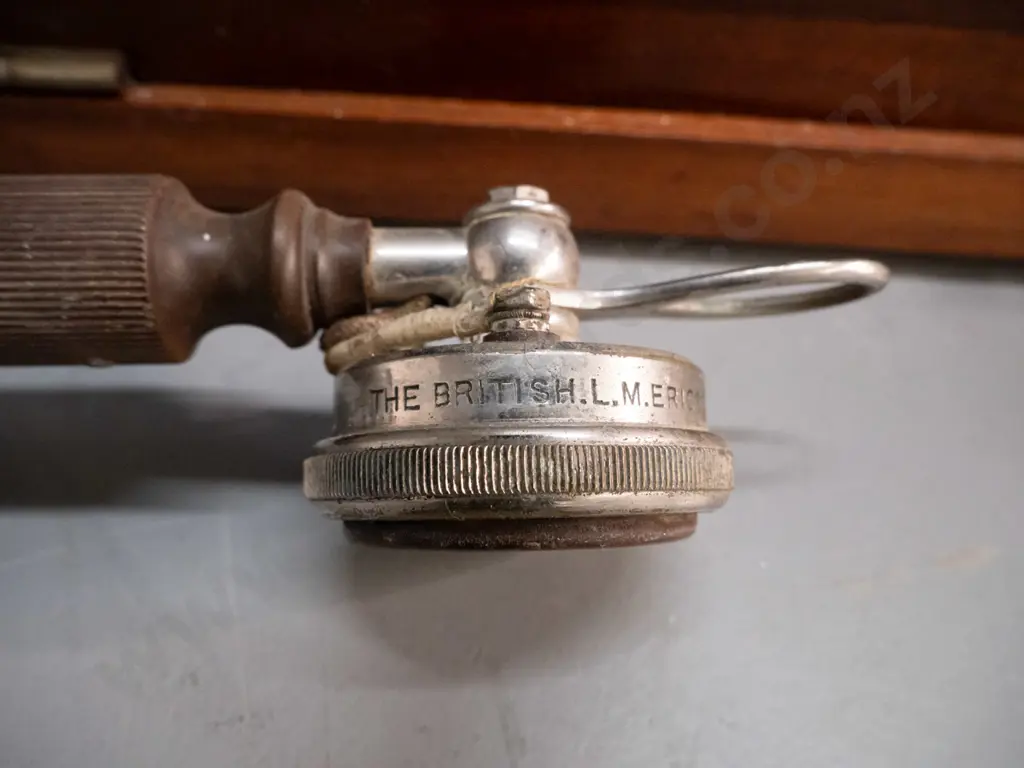 vintage Ericsson & Co Stockholm wall mounted hand crank telephone with walnut & metal case. Some corrosion to chrome Image 1++