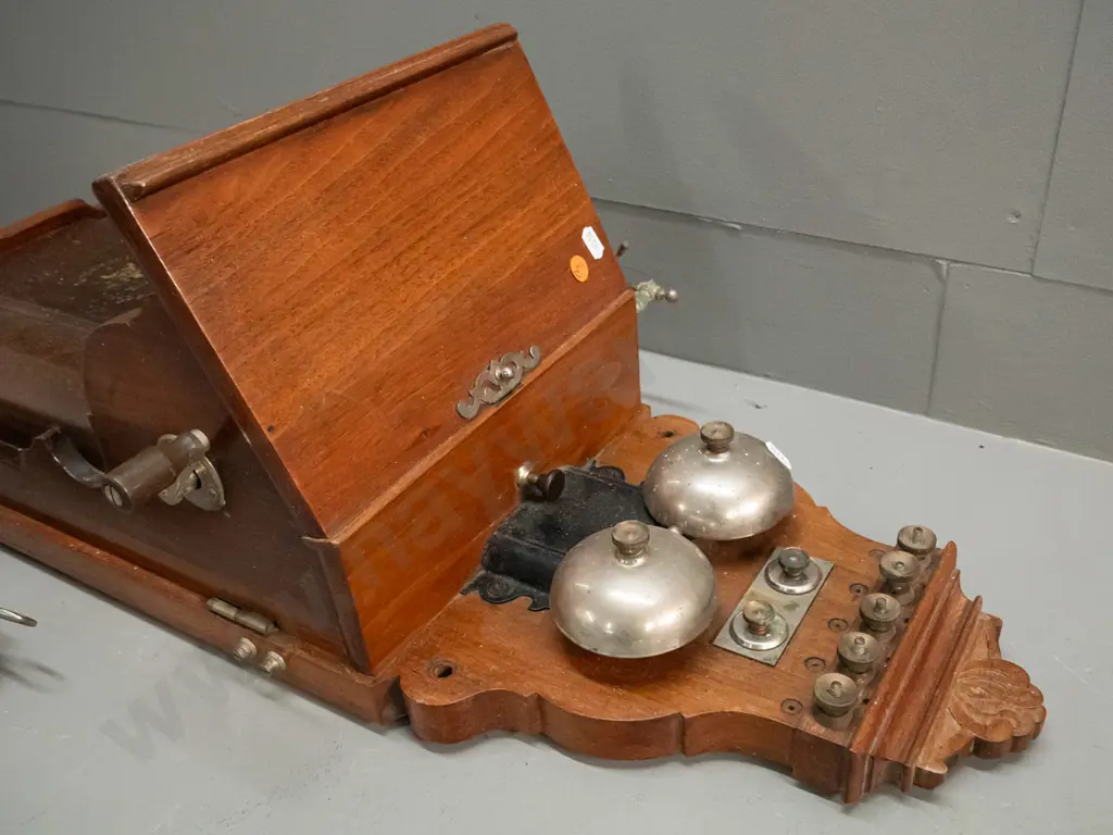 vintage Ericsson & Co Stockholm wall mounted hand crank telephone with walnut & metal case. Some corrosion to chrome Image 1++