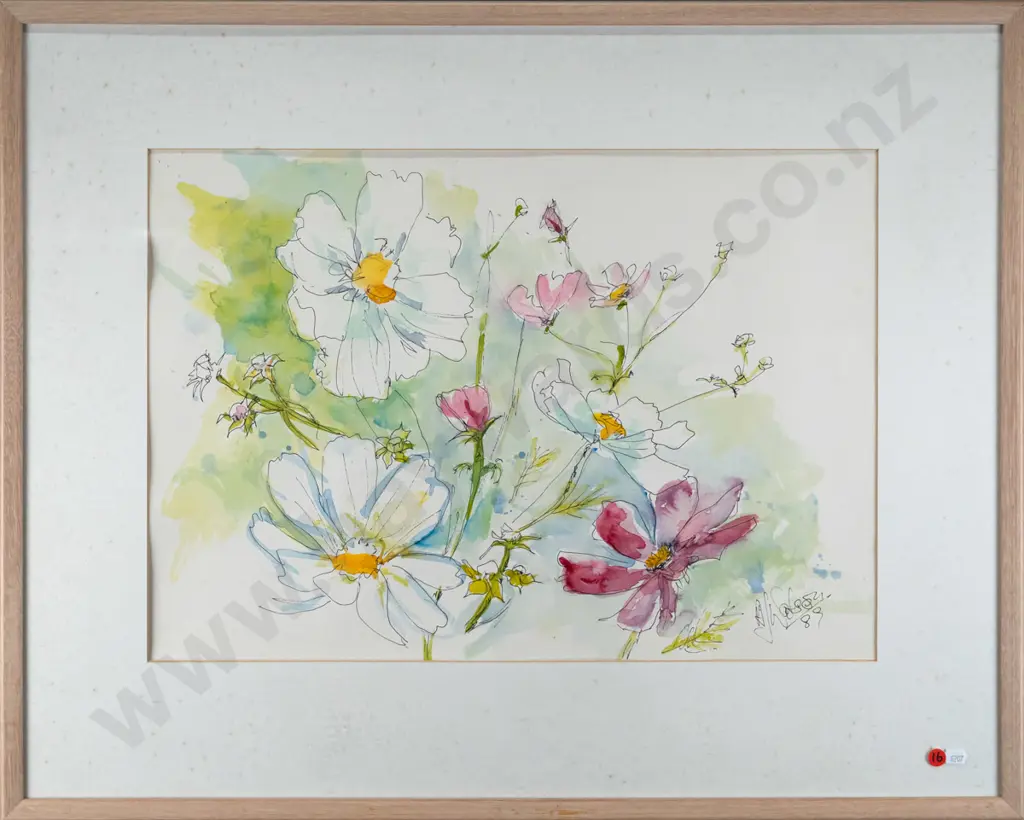 Angus Watson '89 - framed watercolour - flowers (framing needs attention) H-400 W-560 Image 1++