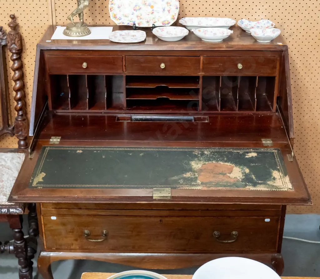 Edwardian mahogany Sheraton revival drop-front writing desk with boxwood stringing inlay on top & drawers, brass handles Image 1++