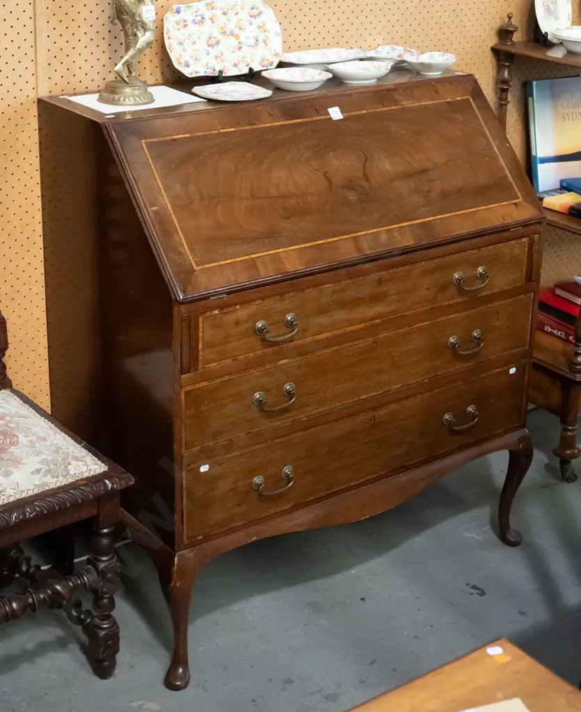 Edwardian mahogany Sheraton revival drop-front writing desk with boxwood stringing inlay on top & drawers, brass handles Image 1++
