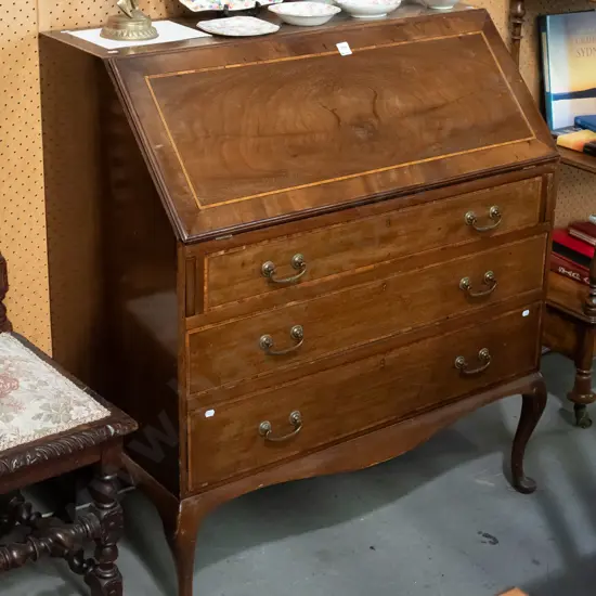 Edwardian mahogany Sheraton revival drop-front writing desk with boxwood stringing inlay on top & drawers, brass handles