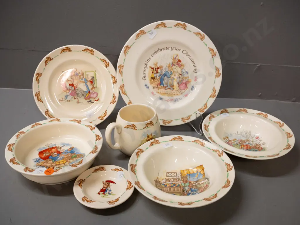 7 assorted Royal Doulton Bunnykins items - plates, dishes, mug - largest is christening plate D-205 Image 1++