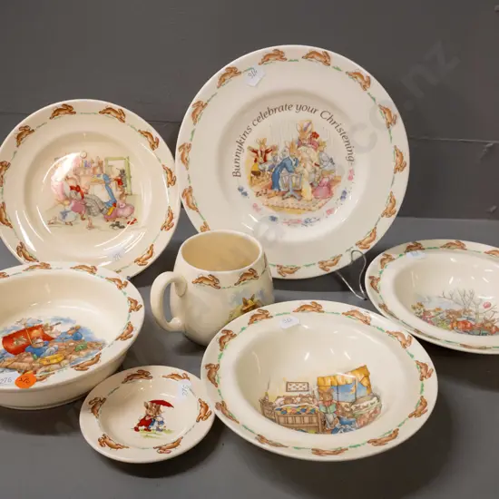 7 assorted Royal Doulton Bunnykins items - plates, dishes, mug - largest is christening plate D-205