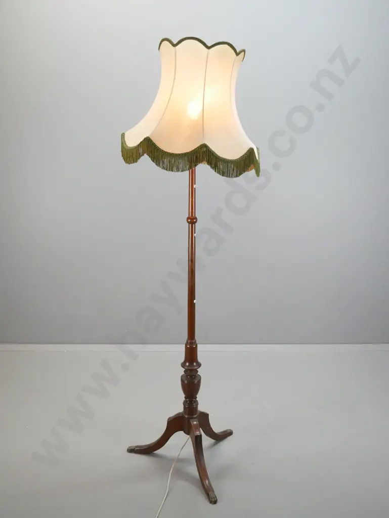 vintage mahogany standard lamp on tripod base with brass lion's paw feet - tears & stain to shade, a few scratches to Image 1++