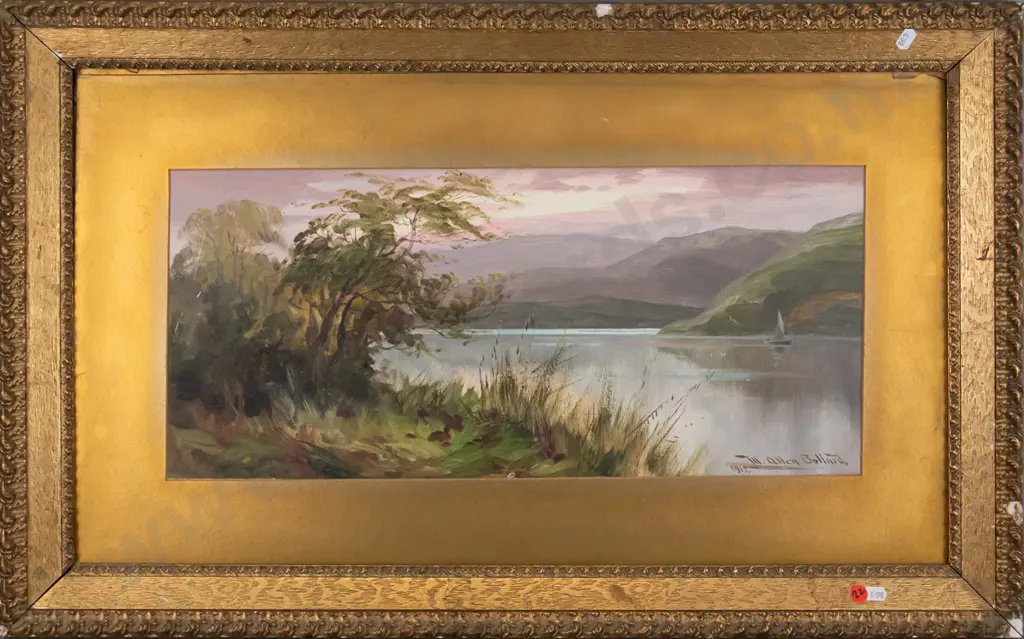 W Allen Bollard 1912 - framed oil  - lake and mountain scene H-250 W-560 (slight damage, framing needs attention) Image 1++
