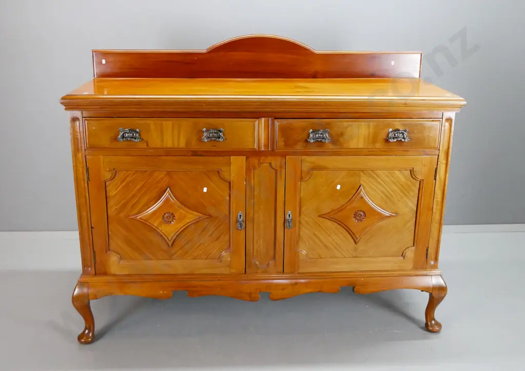 Edwardian vintage mahogany sideboard with 2 long drawers over 2 panelled doors, flame mahogany veneer drawer fronts and Image 1++