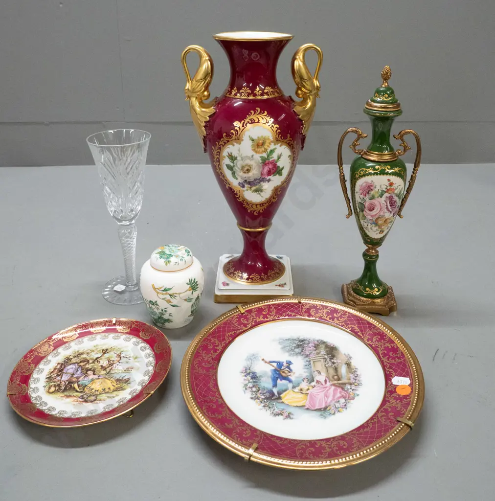 4 pieces European porcelain including Kaiser double swan-handled vase, 2 Limoges plates, Aynsley Kowloon small ginger Image 1++