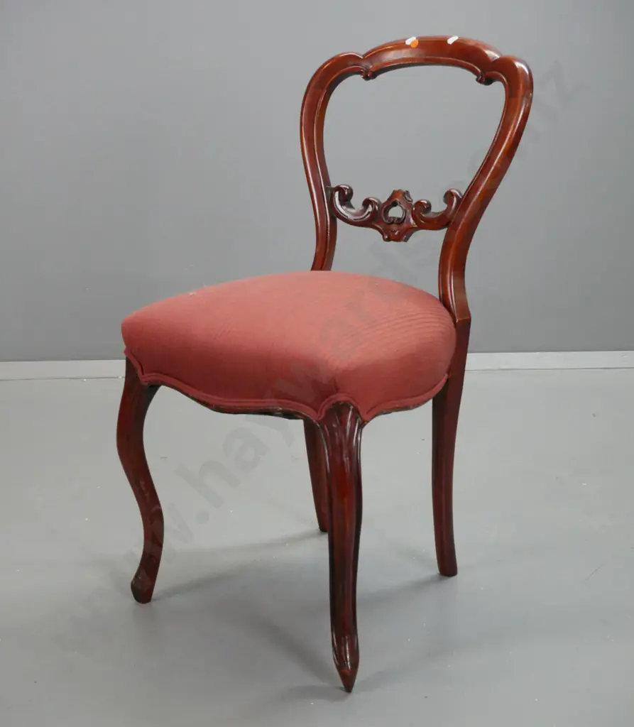 vintage mahogany cab-leg balloon back chair with carved back splat, some fading & stains to red fine striped fabric. Image 1++