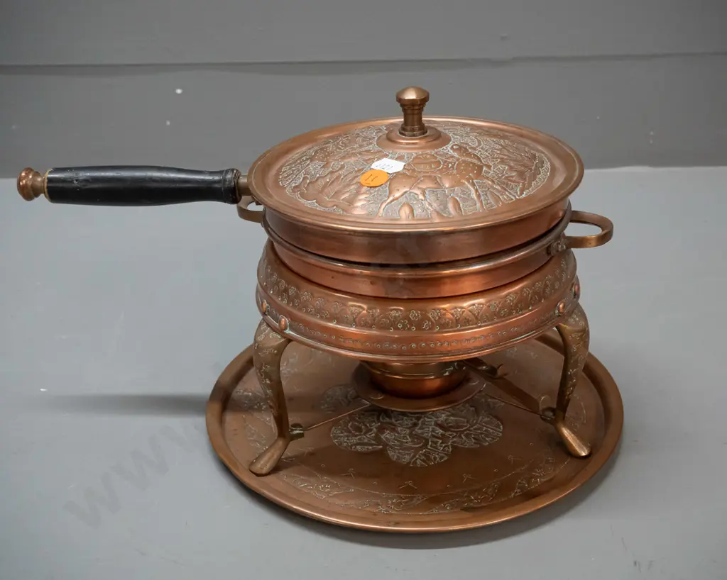 copper finish warming dish or fondue set with double lidded pot, timber handle, burner. Marked Nader. H-200 W-330 at Image 1++