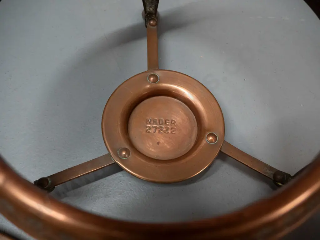 copper finish warming dish or fondue set with double lidded pot, timber handle, burner. Marked Nader. H-200 W-330 at Image 1++