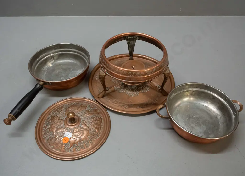 copper finish warming dish or fondue set with double lidded pot, timber handle, burner. Marked Nader. H-200 W-330 at Image 1++