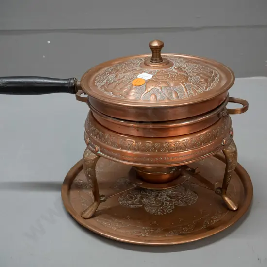 copper finish warming dish or fondue set with double lidded pot, timber handle, burner. Marked Nader. H-200 W-330 at