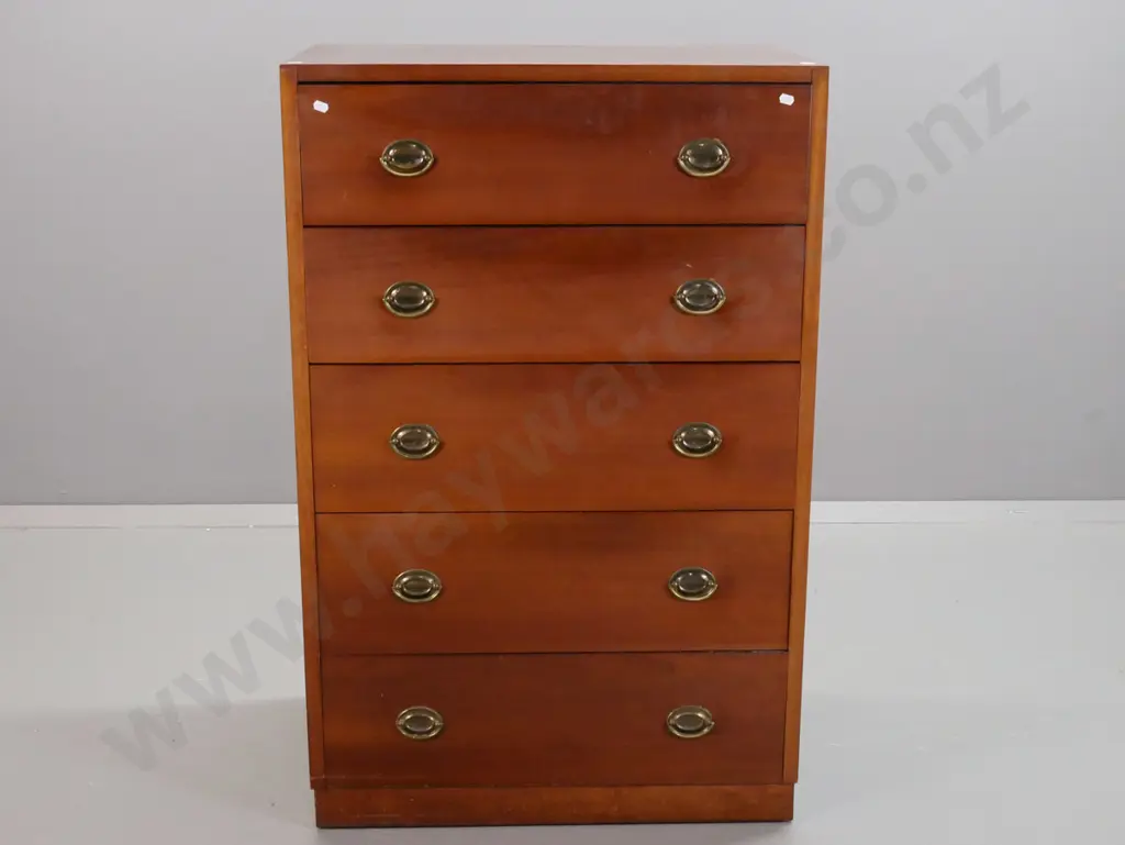 vintage mahogany 5-drawer chest with oval brass handles - some stains on top, scratches around plinth base. H-1055 W-685 Image 1++