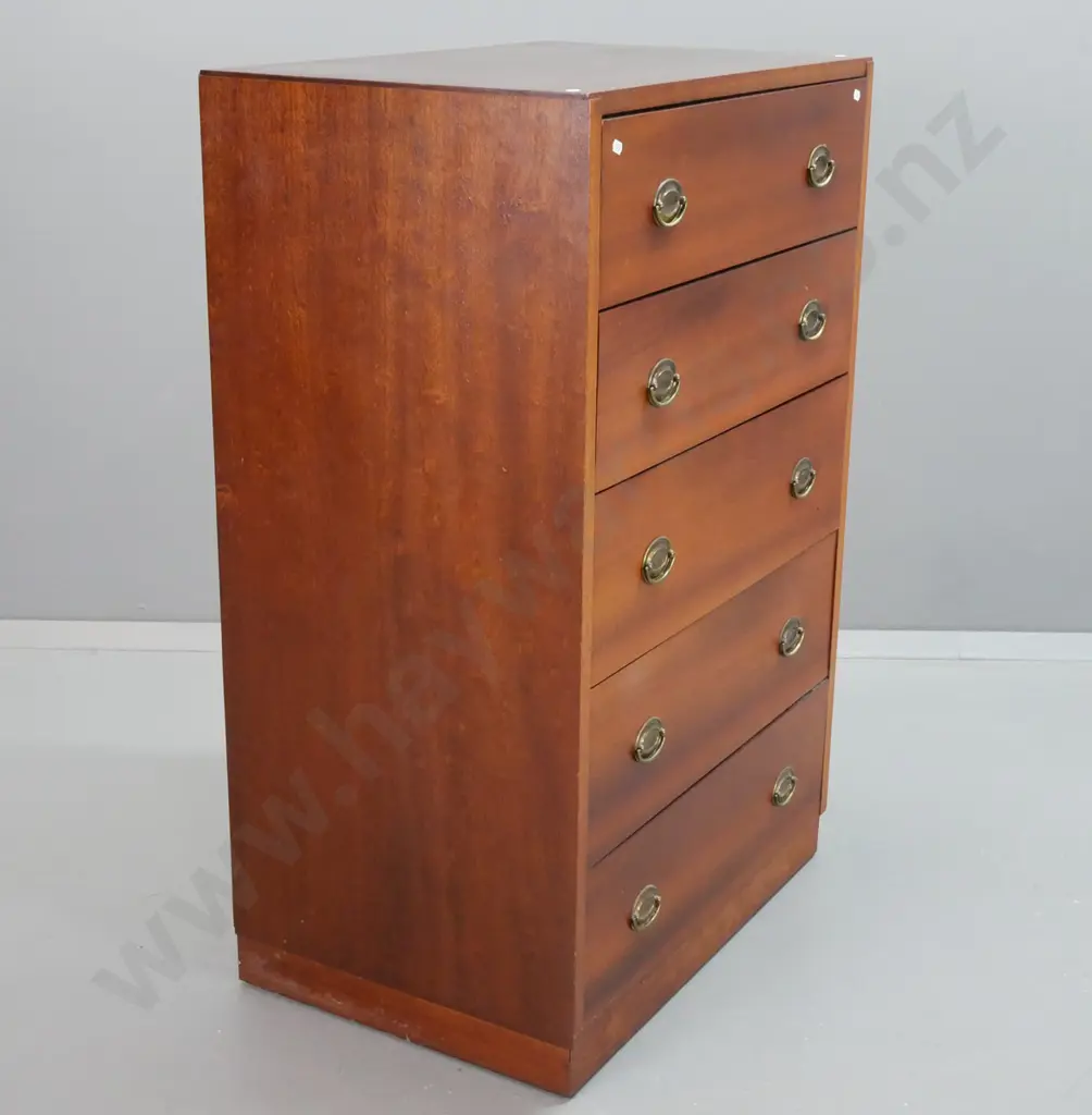 vintage mahogany 5-drawer chest with oval brass handles - some stains on top, scratches around plinth base. H-1055 W-685 Image 1++