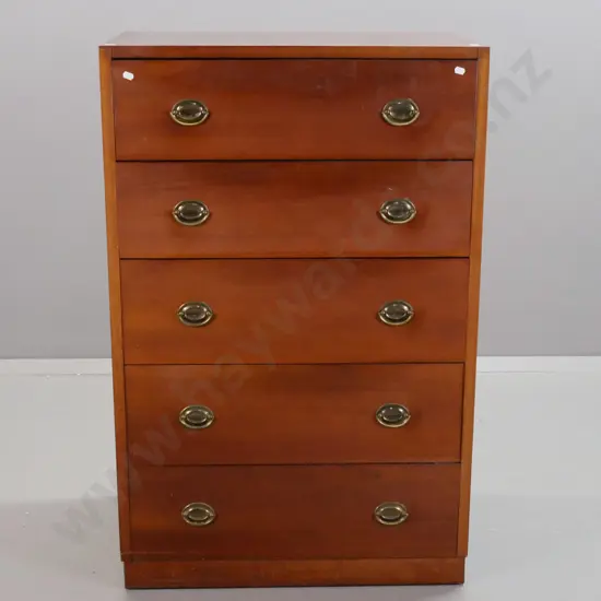 vintage mahogany 5-drawer chest with oval brass handles - some stains on top, scratches around plinth base. H-1055 W-685
