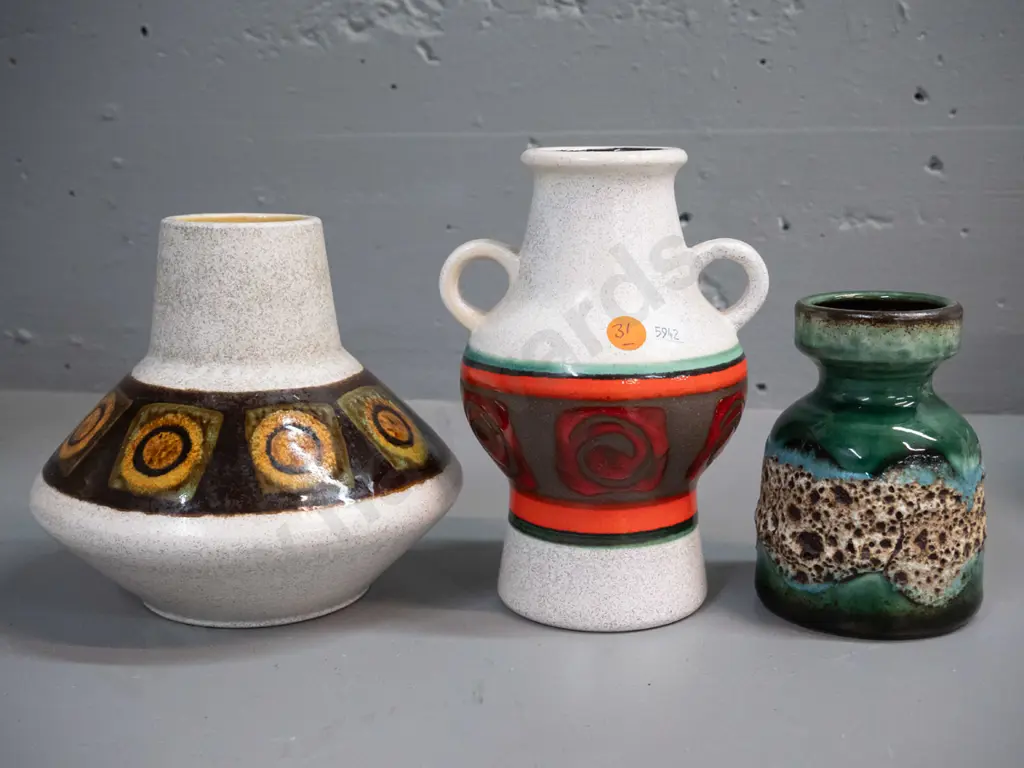 3 German pottery vases - one with double lug handles H-185, small green lava glaze, one other Image 1++