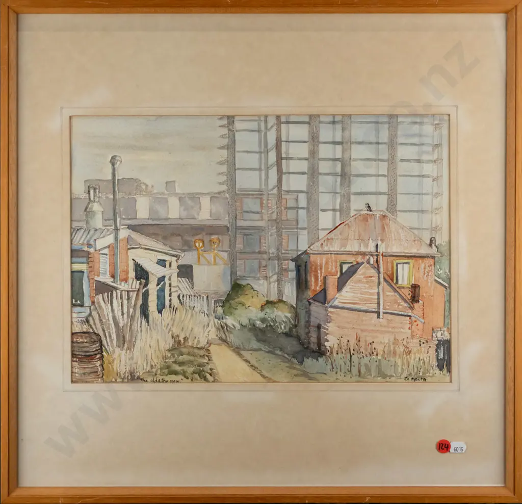 JM Ryburn - framed watercolour "the old & the new" H-260 W-380  (framing needs attention) Image 1++