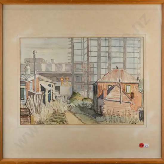 JM Ryburn - framed watercolour "the old & the new" H-260 W-380  (framing needs attention)