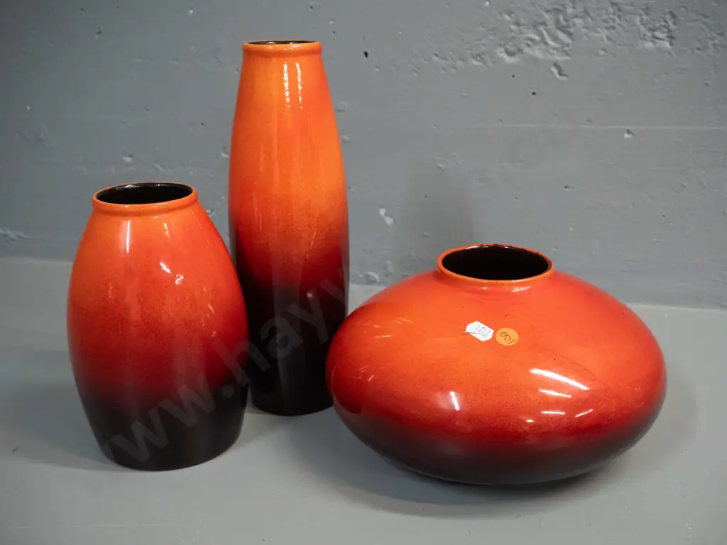 3 orange and brown German pottery vases - 2 marked Amano, 1 marked Scheurich, tallest is H-280 Image 1++
