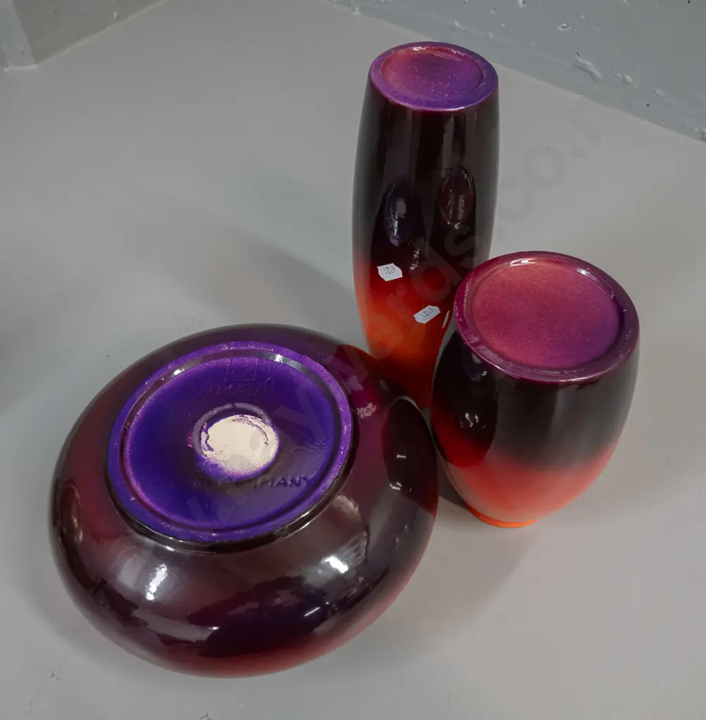 3 orange and brown German pottery vases - 2 marked Amano, 1 marked Scheurich, tallest is H-280 Image 1++
