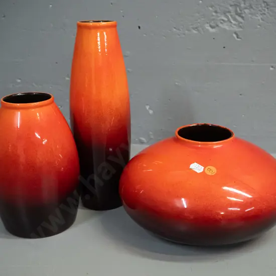 3 orange and brown German pottery vases - 2 marked Amano, 1 marked Scheurich, tallest is H-280
