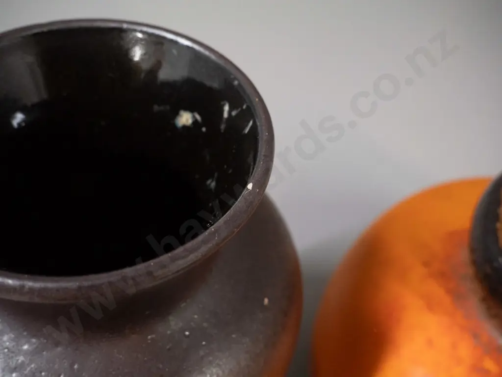 2 German pottery orange and brown vases - taller one H-215 has fleck to rim Image 1++