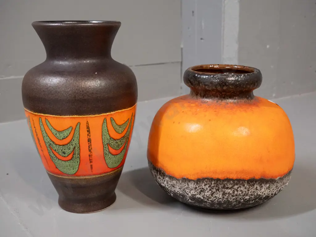 2 German pottery orange and brown vases - taller one H-215 has fleck to rim Image 1++