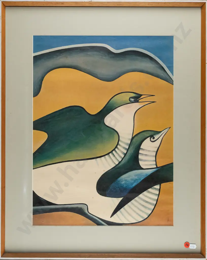 framed reproduction Don Binney print "Pipiwharauroa Mating" (foxing) H-470 W-350 Image 1++