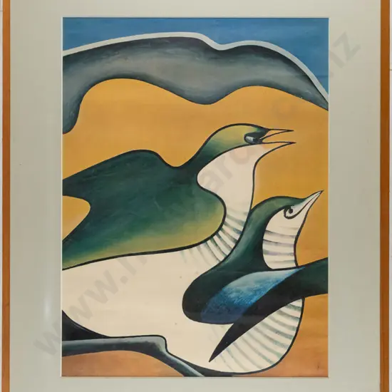 framed reproduction Don Binney print "Pipiwharauroa Mating" (foxing) H-470 W-350