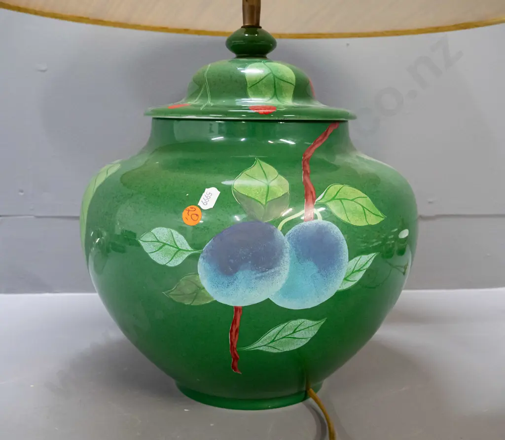 Laure Japy / Limoges France green ceramic table lamp in shape of lidded jar - fruit motifs, with mustard colour shade Image 1++