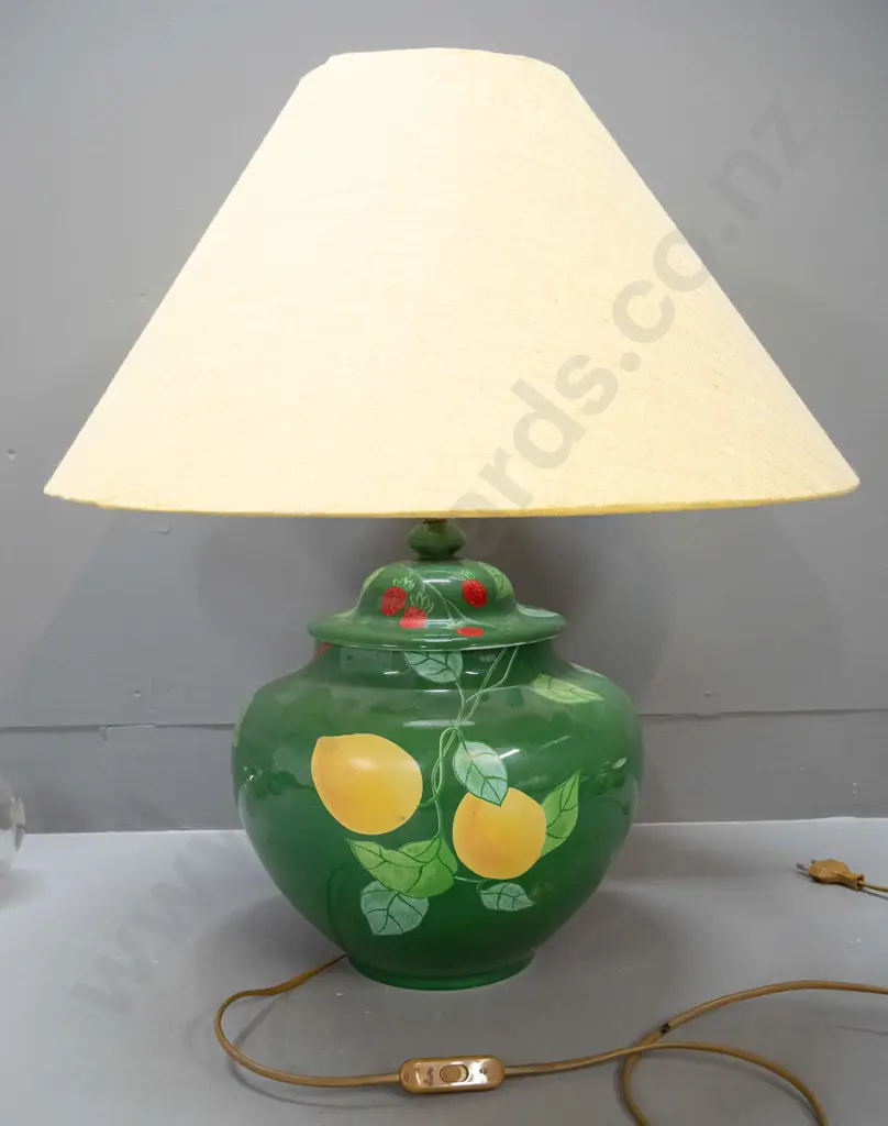 Laure Japy / Limoges France green ceramic table lamp in shape of lidded jar - fruit motifs, with mustard colour shade Image 1++